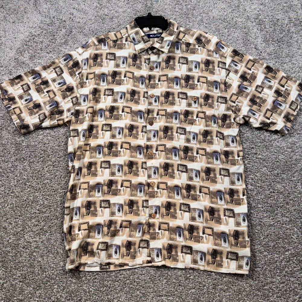 Puritan Button Down Shirt Mens Abstract Tribal Print Beige Large GOOD